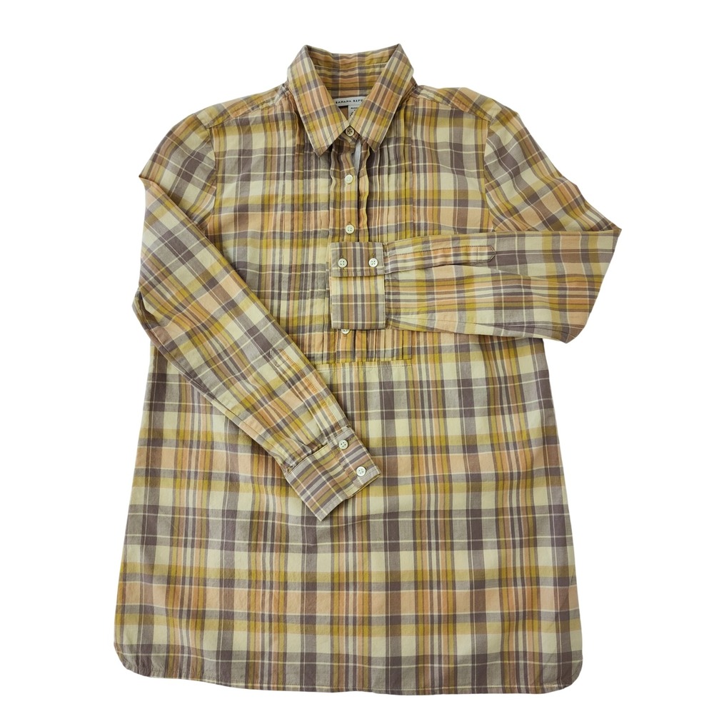 Banana‎ Republic Petite Small Yellow Plaid Pleated Bib Cotton Popover Blouse